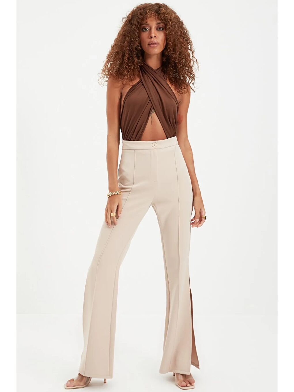 Bej Taş Flare İspanyol Paça Paçası Yırtmaçlı Dokuma Pantolon-1