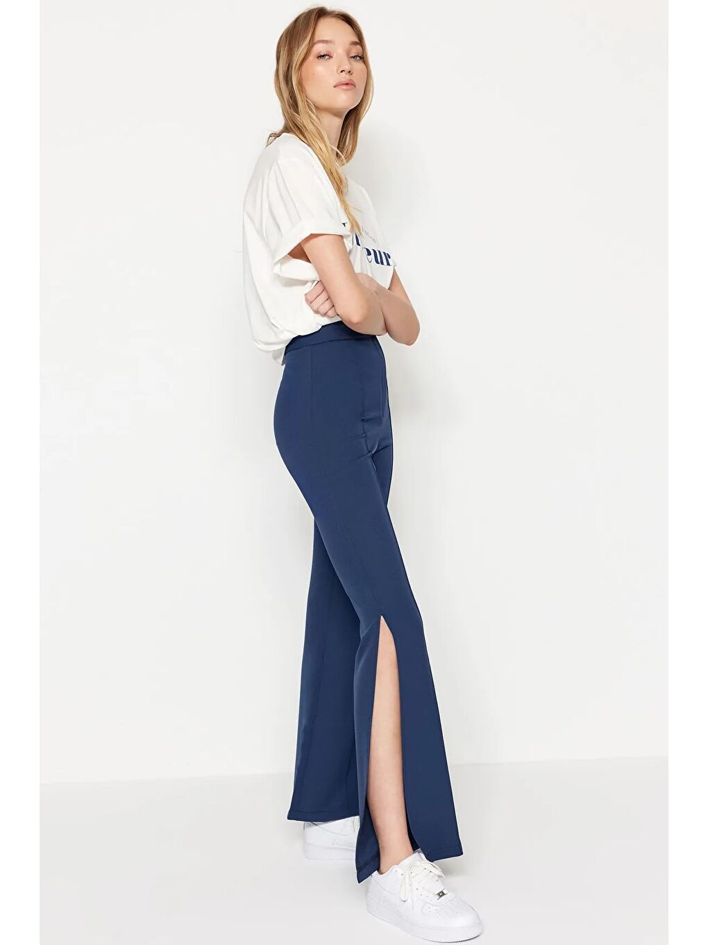 Lacivert Flare İspanyol Paça Paçası Yırtmaçlı Dokuma Pantolon-1