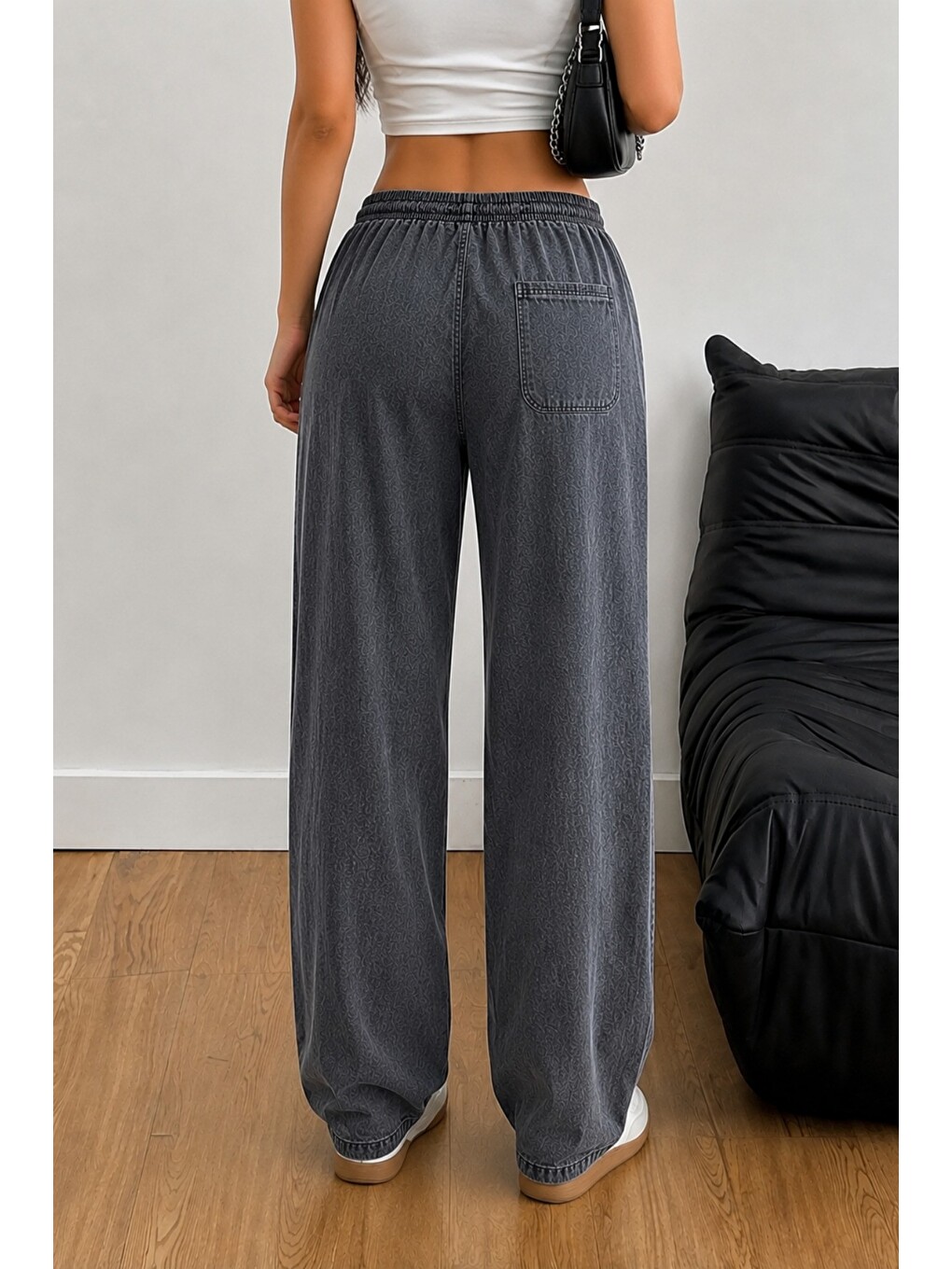 Gri Kadın Keten Karışımlı Regular Fit Beli Lastikli Bağcıklı Yüksek Bel Günlük Pantolon-2