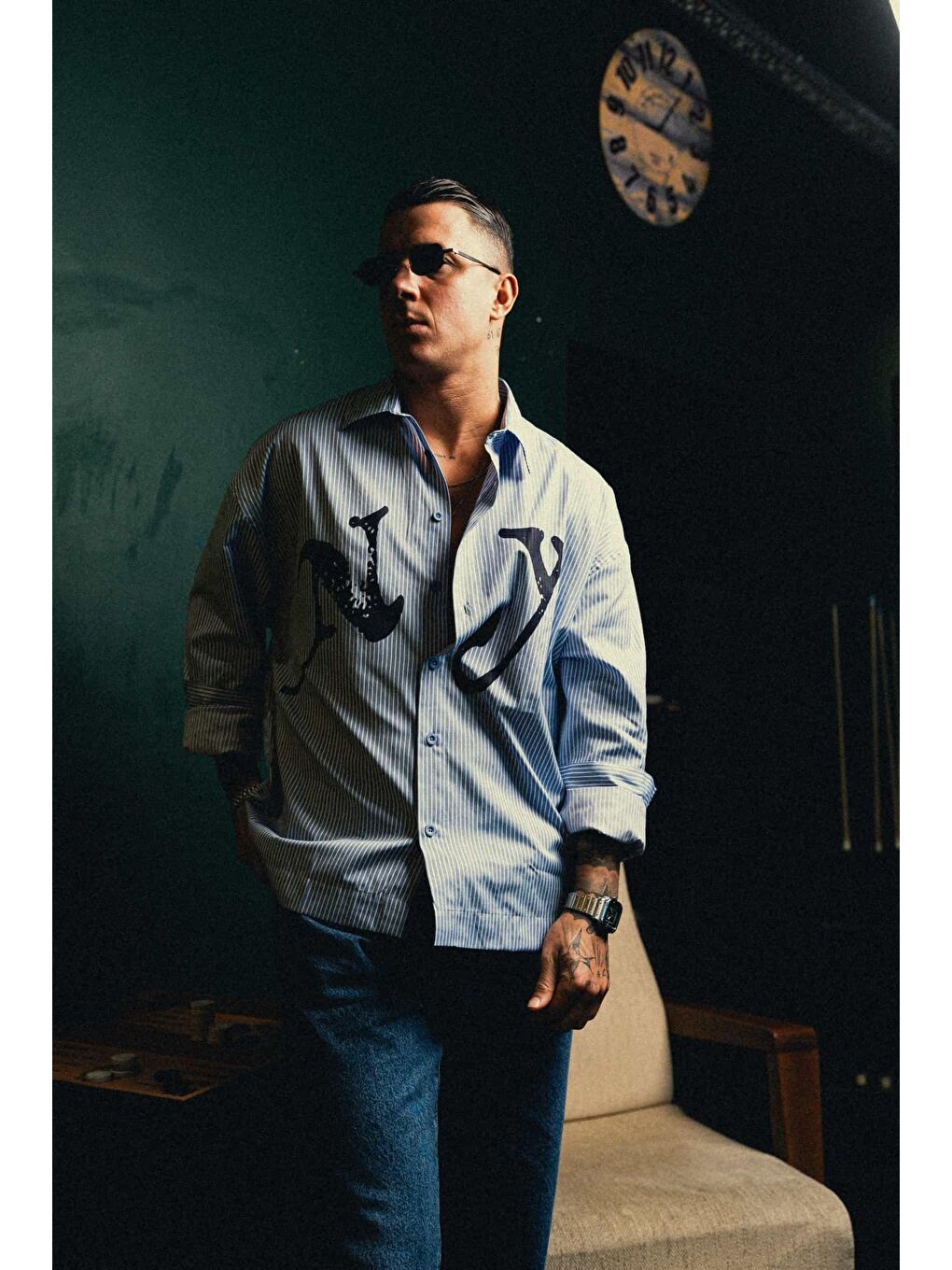 Erkek Oversize Çizgili Baskılı Gömlek Mavi