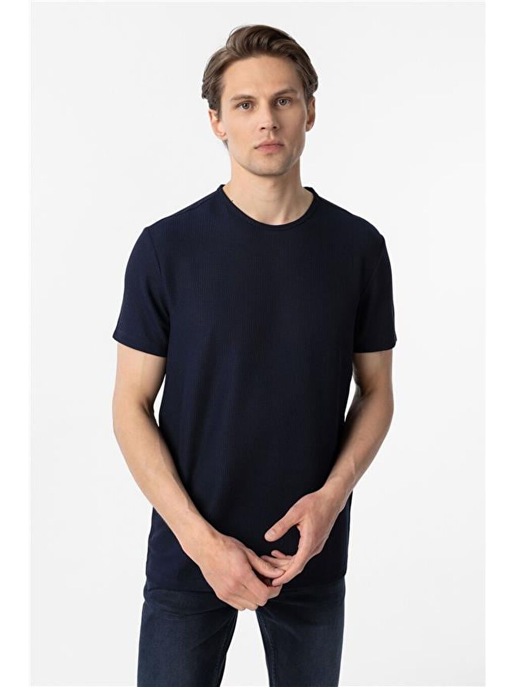 Lacivert Slim Armürlü Bisiklet Yaka Tişört-1