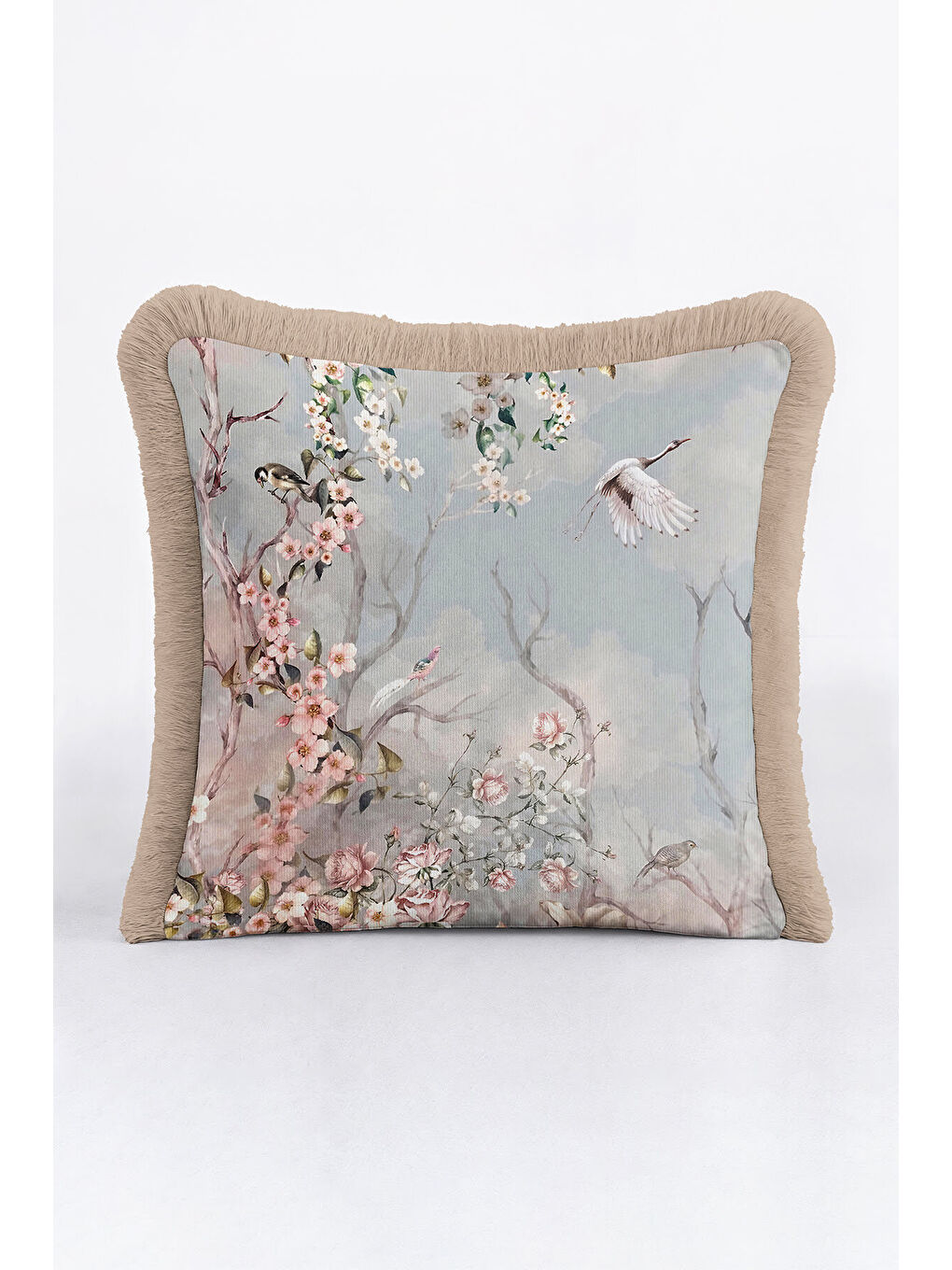 Karışık Elegan Çiçekli Kuşlu Saçaklı Yastık Kılıfı - Pastel Bahar Romantik Vintage Püsküllü Kırlent Kılıfı-4