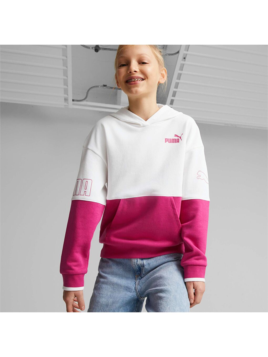 Beyaz Power Colour Block Genç Kapüşonlu SWEATSHIRT-6