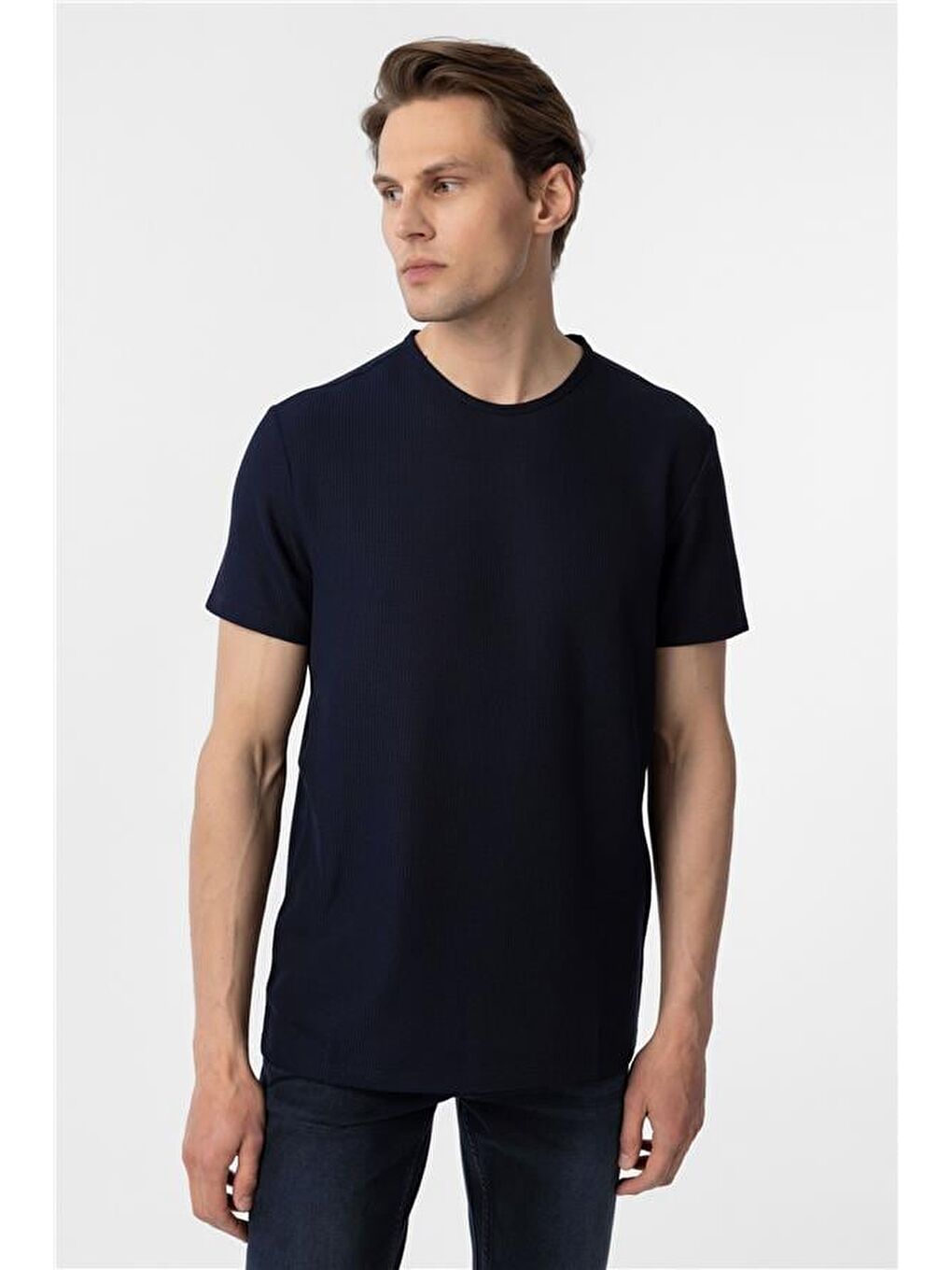 Lacivert Slim Armürlü Bisiklet Yaka Tişört-2