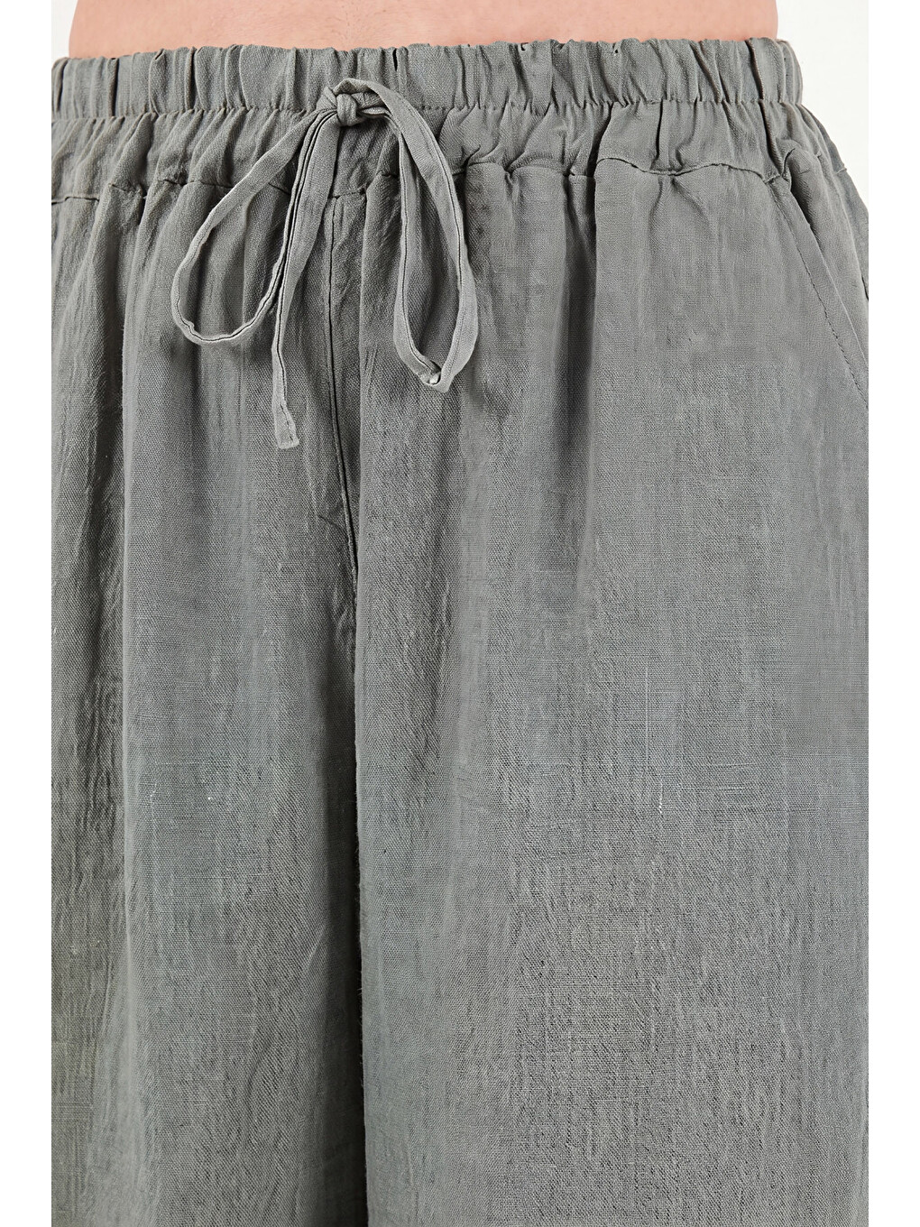 Haki Keten Bağlama Detaylı Geniş Paça Pantolon 145m39911-6
