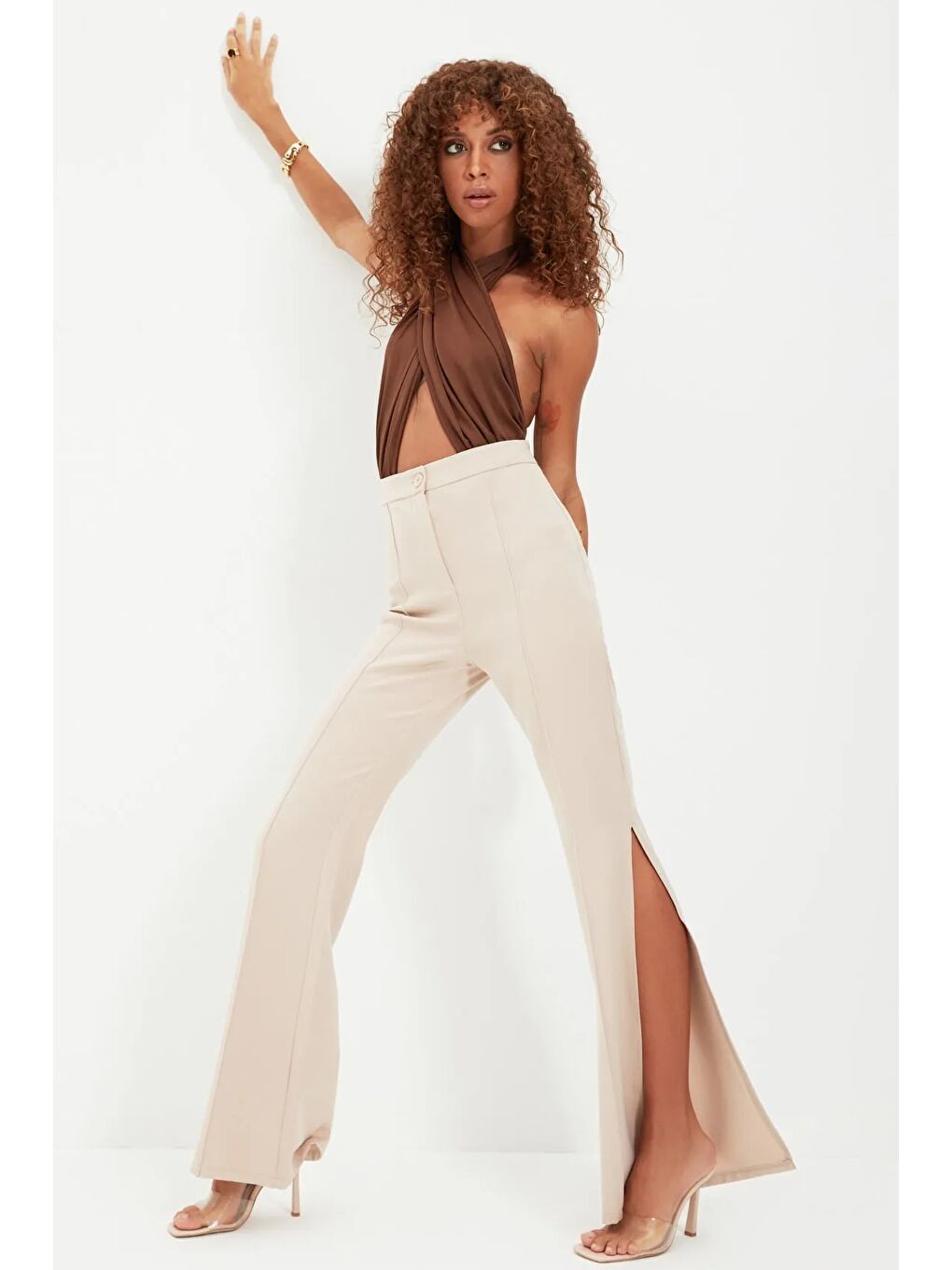 Bej Taş Flare İspanyol Paça Paçası Yırtmaçlı Dokuma Pantolon-2