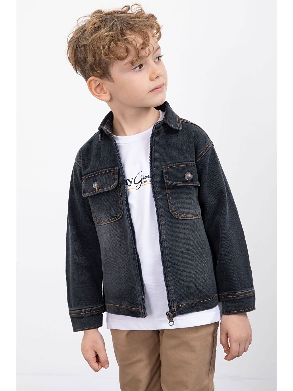 Gri Füme Fermuarlı Jean Ceketli Erkek Çocuk Pantolonlu 3lü Takım 23389-1