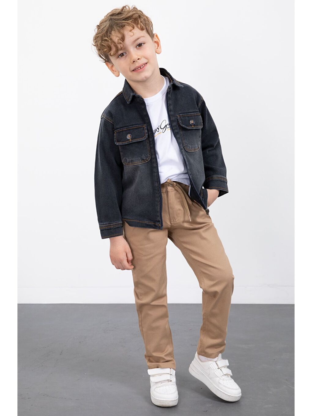 Gri Füme Fermuarlı Jean Ceketli Erkek Çocuk Pantolonlu 3lü Takım 23389-2