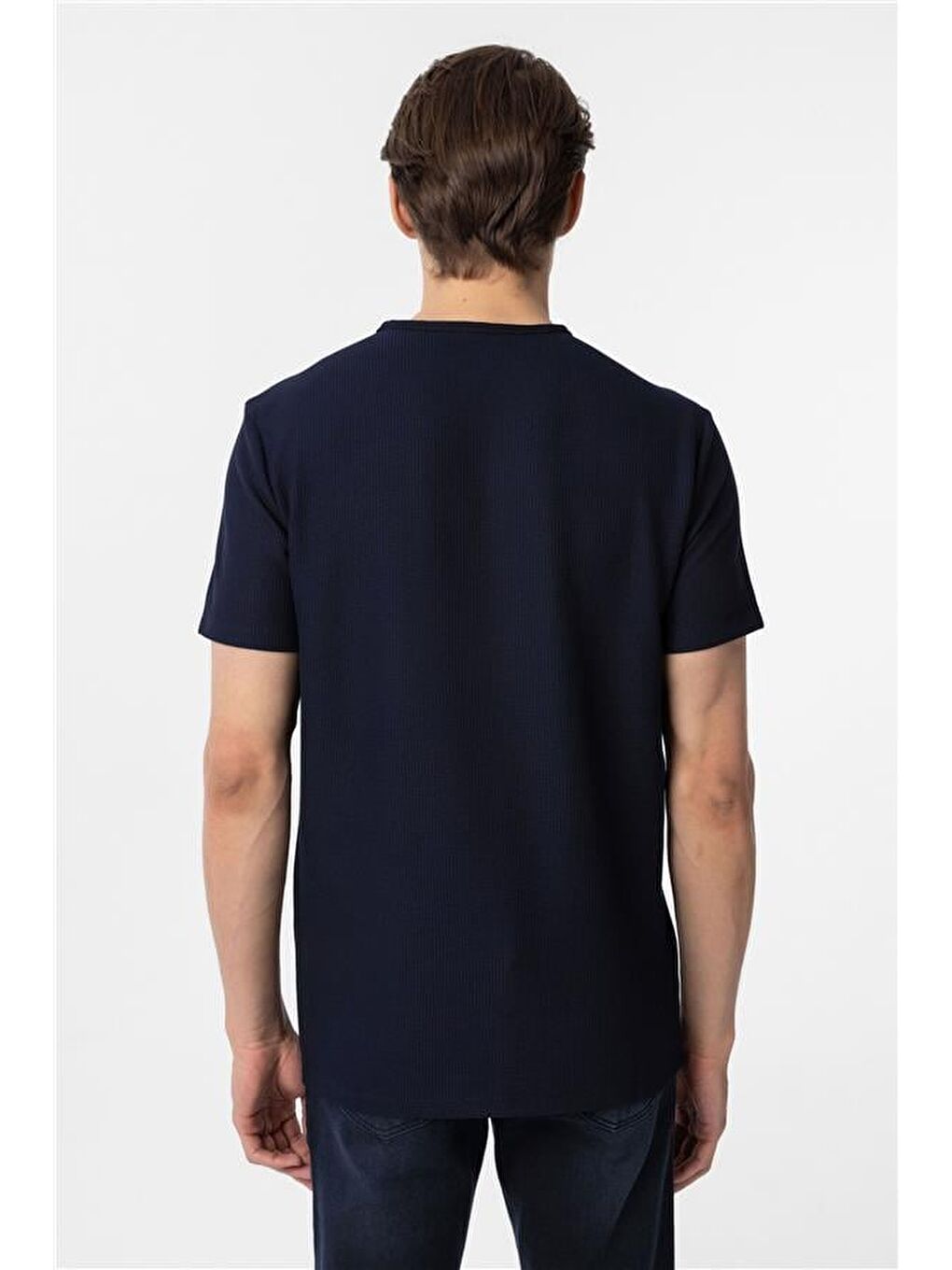 Lacivert Slim Armürlü Bisiklet Yaka Tişört-5