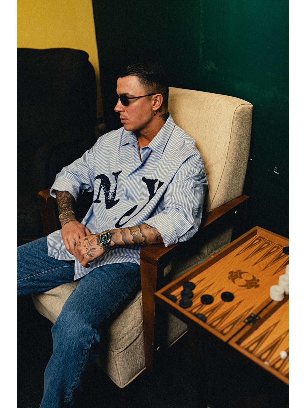 Erkek Oversize Çizgili Baskılı Gömlek Mavi-2