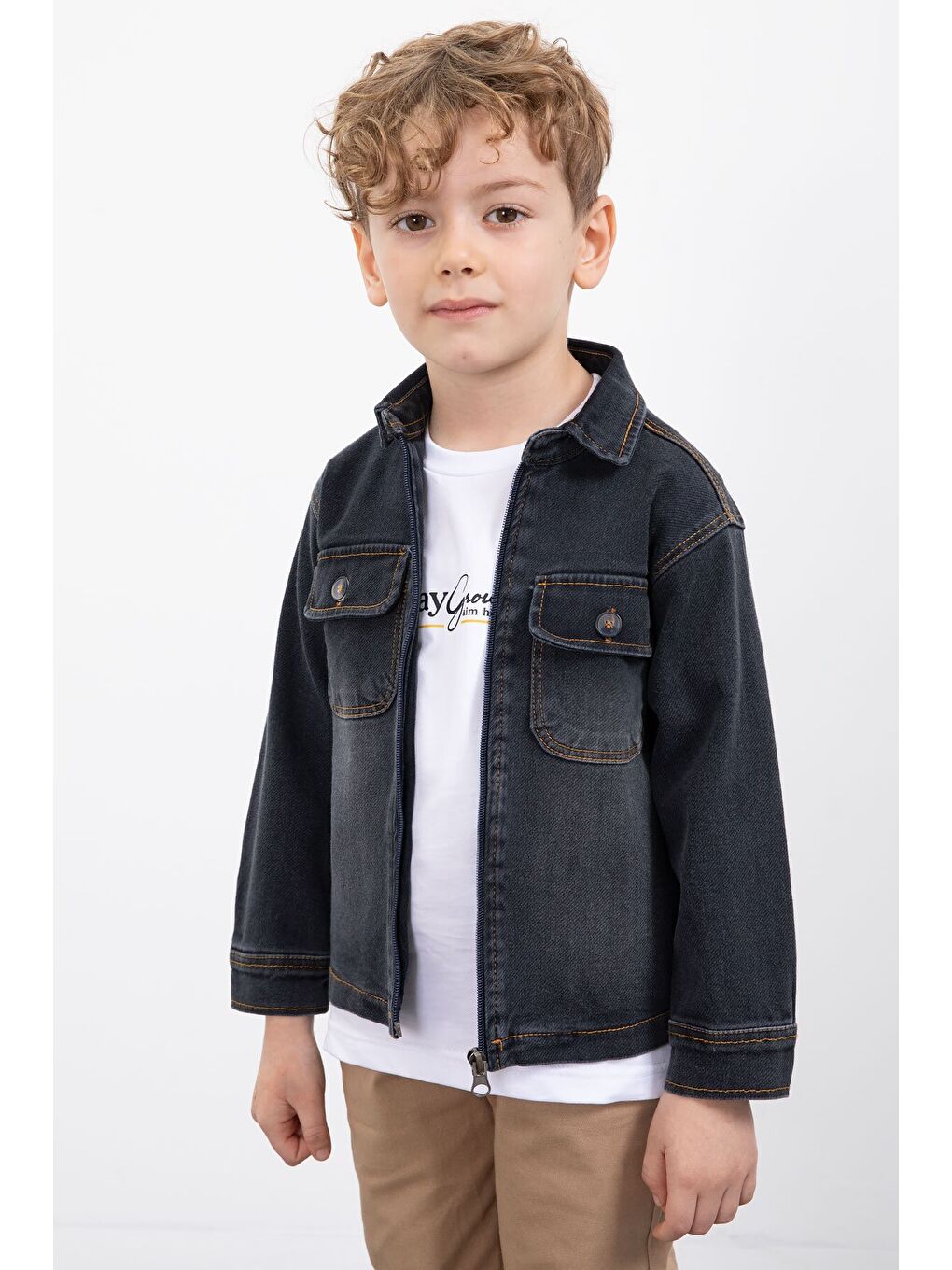 Gri Füme Fermuarlı Jean Ceketli Erkek Çocuk Pantolonlu 3lü Takım 23389-3