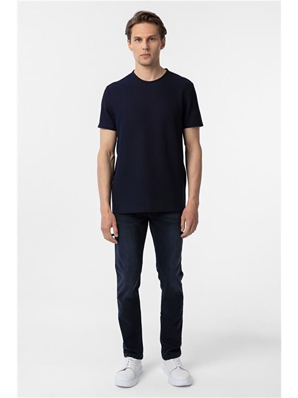 Lacivert Slim Armürlü Bisiklet Yaka Tişört-6