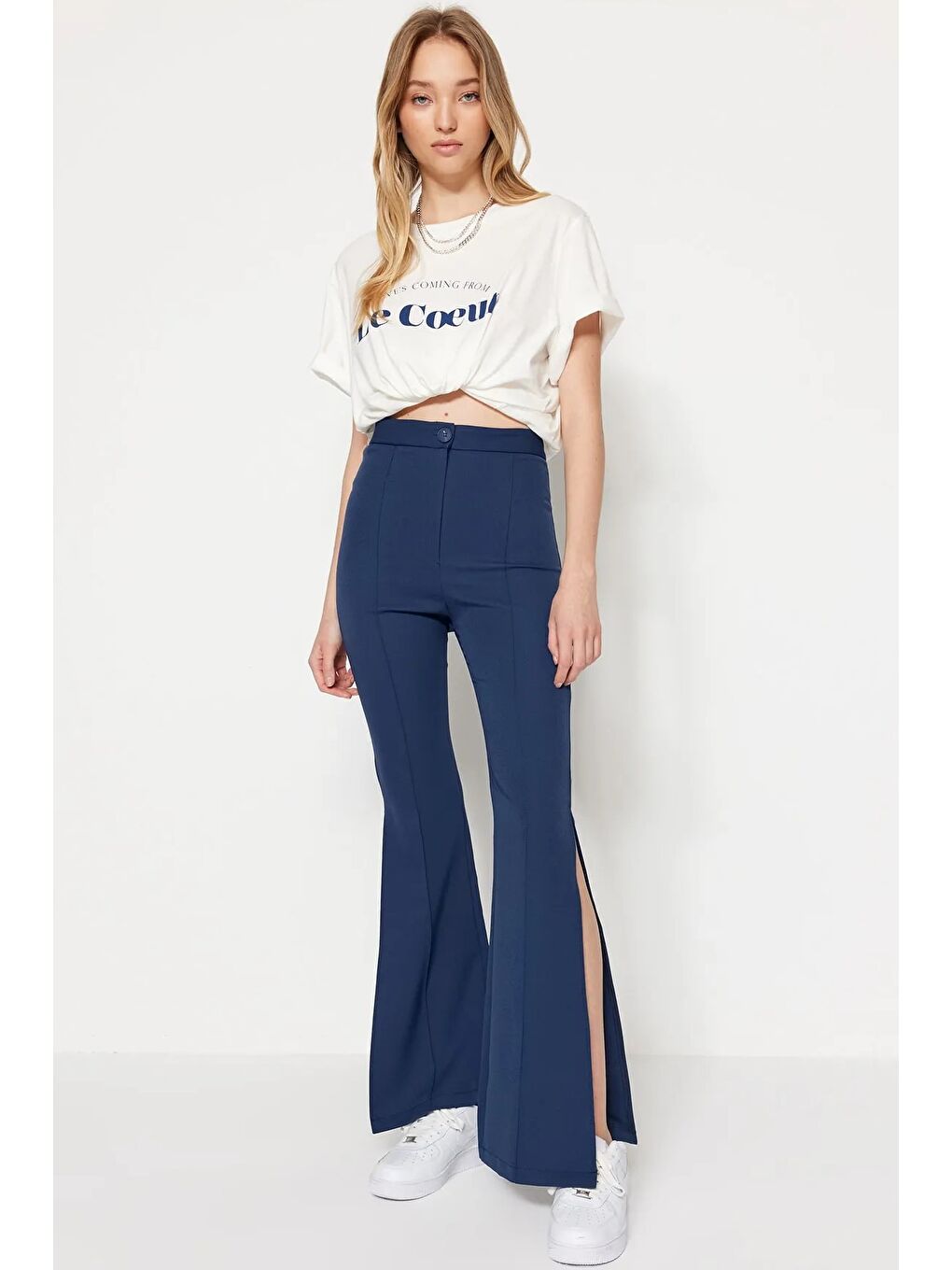 Lacivert Flare İspanyol Paça Paçası Yırtmaçlı Dokuma Pantolon-2