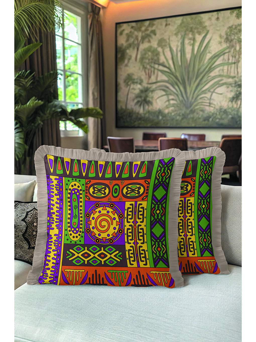 Karışık Etnik Geometrik Motifli Saçaklı Yastık Kılıfı - Bohem Renkli Mor Turuncu Püsküllü Kırlent Kılıfı-5