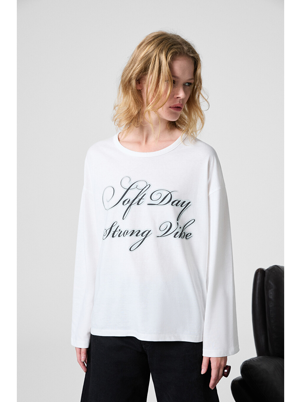 Beyaz DAZULU Kadın Yumuşak Kumaşlı Baskılı Uzun Kollu BEYAZ T-Shirt-2