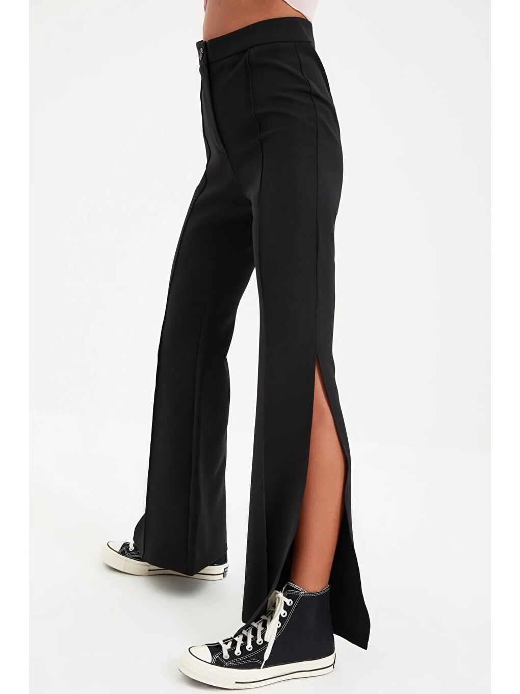 Siyah Flare İspanyol Paça Paçası Yırtmaçlı Dokuma Pantolon-4
