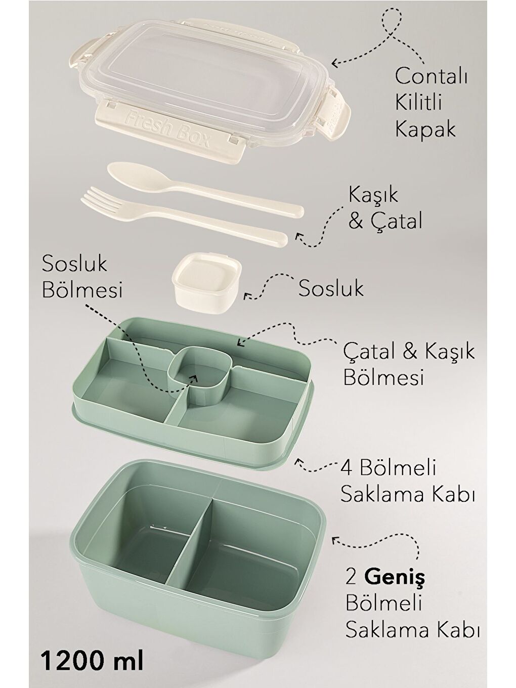 2 Katlı Kilitli Kapak Yemek Kabı Bölmeli Lunch Box Diyet Beslenme Kutusu Sosluk Çatal Kaşık Yeşil-1