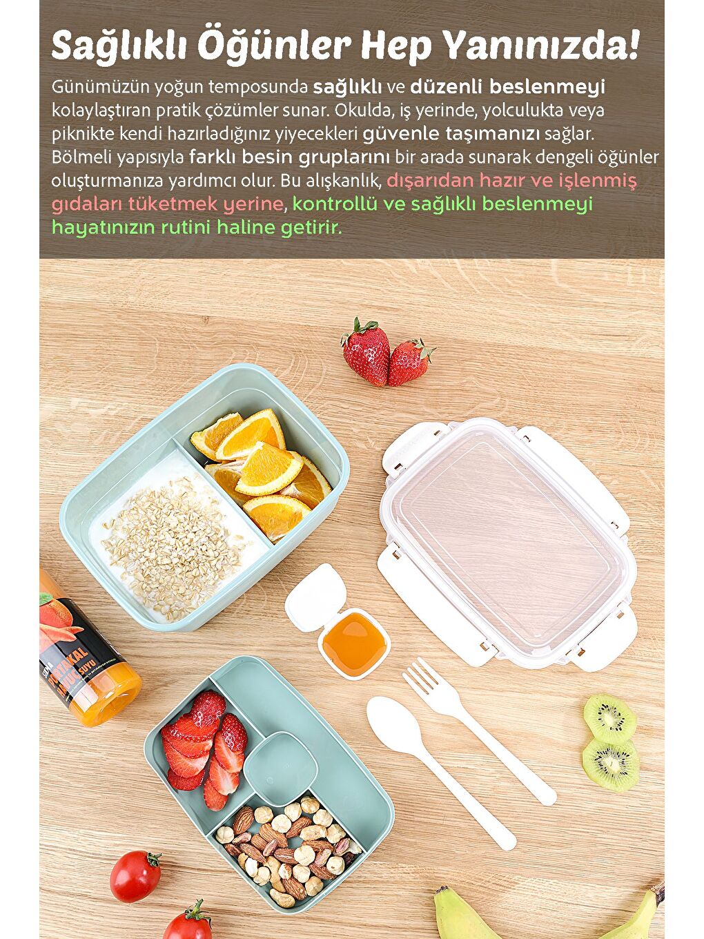 2 Katlı Kilitli Kapak Yemek Kabı Bölmeli Lunch Box Diyet Beslenme Kutusu Sosluk Çatal Kaşık Yeşil-2