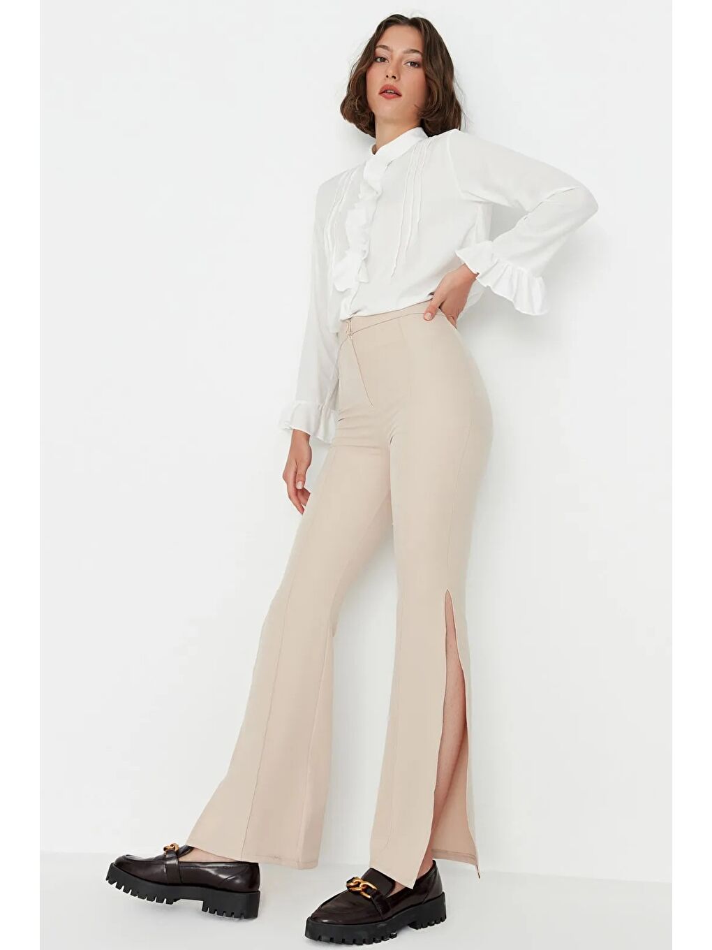 Bej Taş Flare İspanyol Paça Paçası Yırtmaçlı Dokuma Pantolon-3