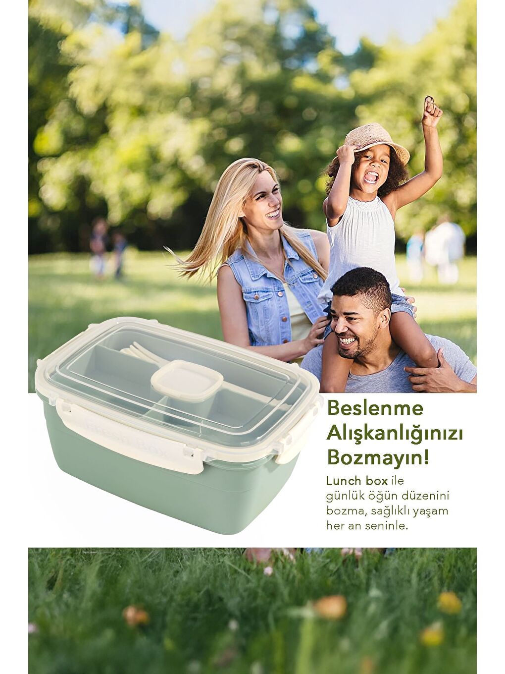 2 Katlı Kilitli Kapak Yemek Kabı Bölmeli Lunch Box Diyet Beslenme Kutusu Sosluk Çatal Kaşık Yeşil-5