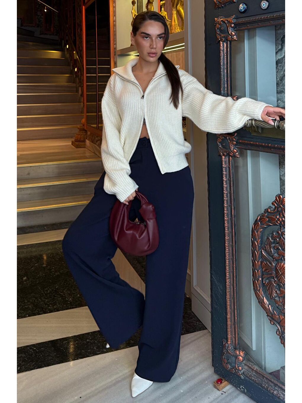 Ekru Fermuarlı Kadın Triko Hırka Mg2532-3