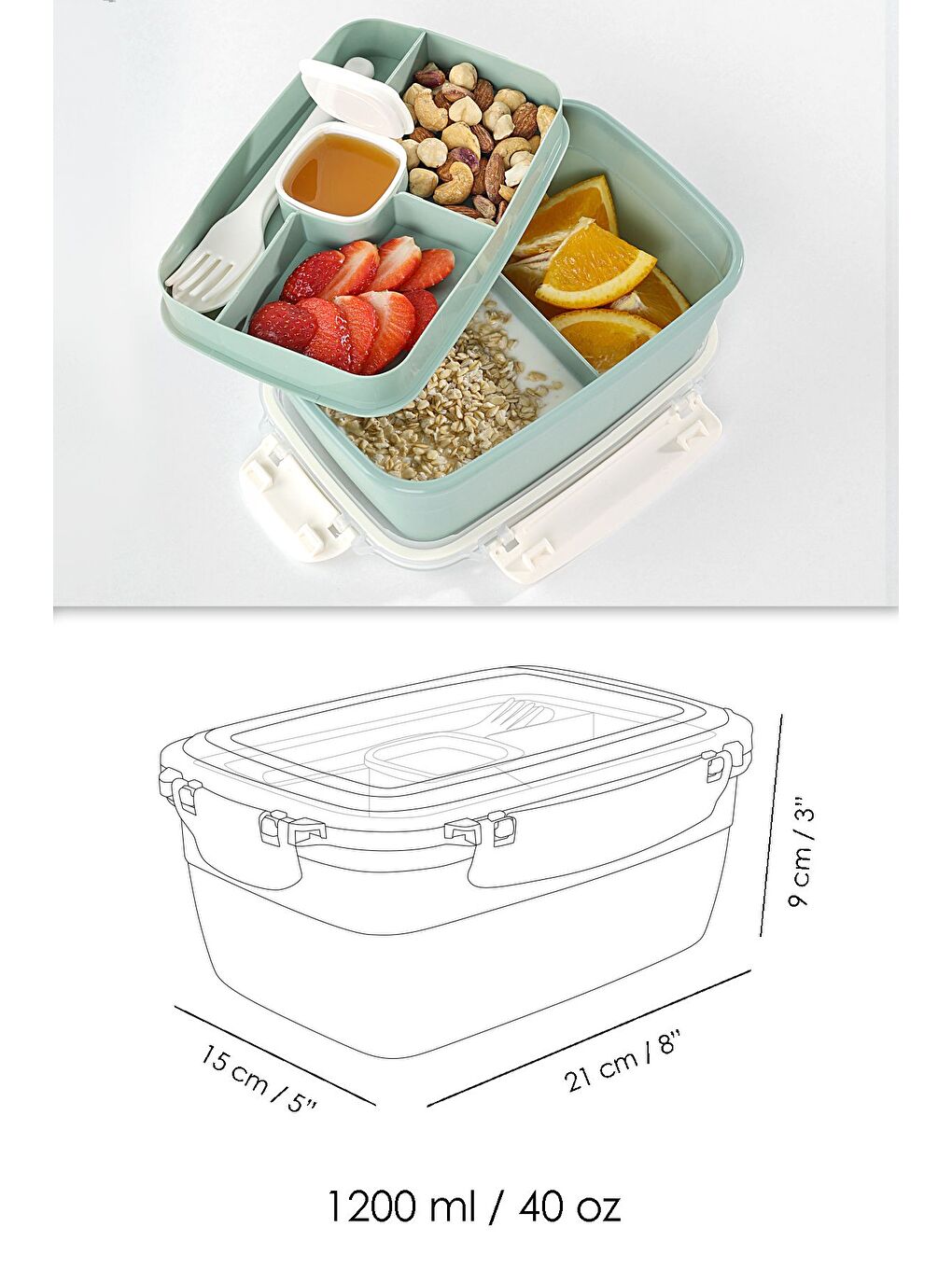 2 Katlı Kilitli Kapak Yemek Kabı Bölmeli Lunch Box Diyet Beslenme Kutusu Sosluk Çatal Kaşık Yeşil-6