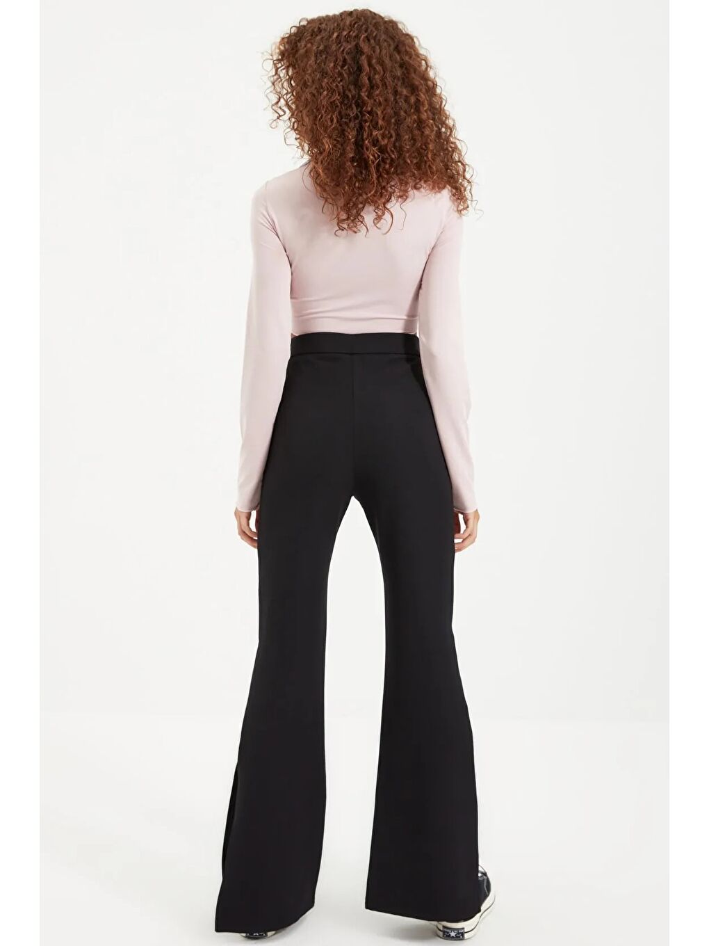 Siyah Flare İspanyol Paça Paçası Yırtmaçlı Dokuma Pantolon-5