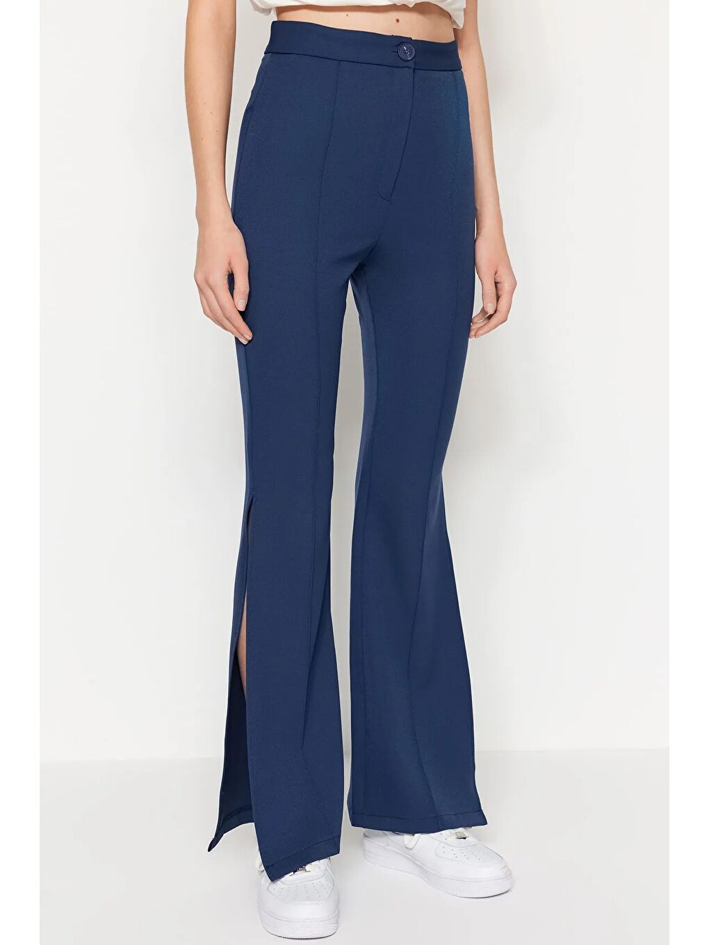 Lacivert Flare İspanyol Paça Paçası Yırtmaçlı Dokuma Pantolon-3