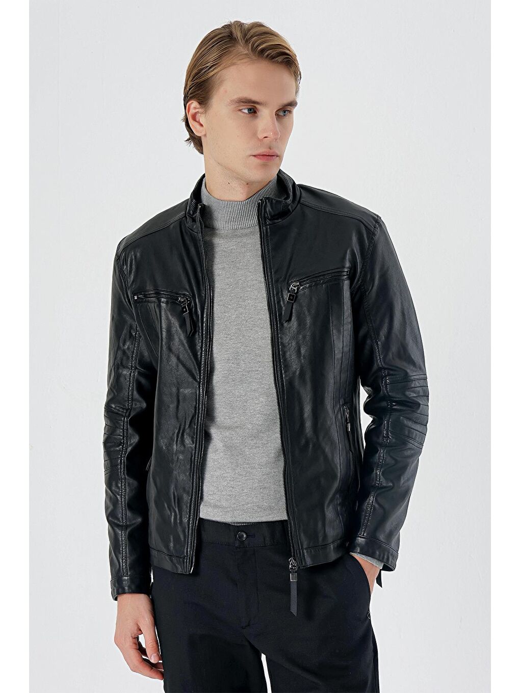 Siyah Dik Yaka Astarlı Slim Fit Dar Kesim Casual Deri Mont 1038235151-1