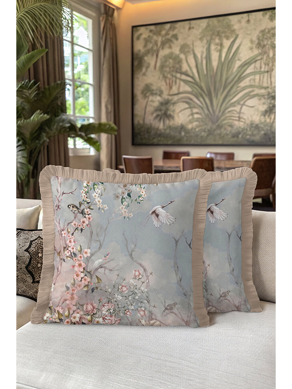 Karışık Elegan Çiçekli Kuşlu Saçaklı Yastık Kılıfı - Pastel Bahar Romantik Vintage Püsküllü Kırlent Kılıfı-5