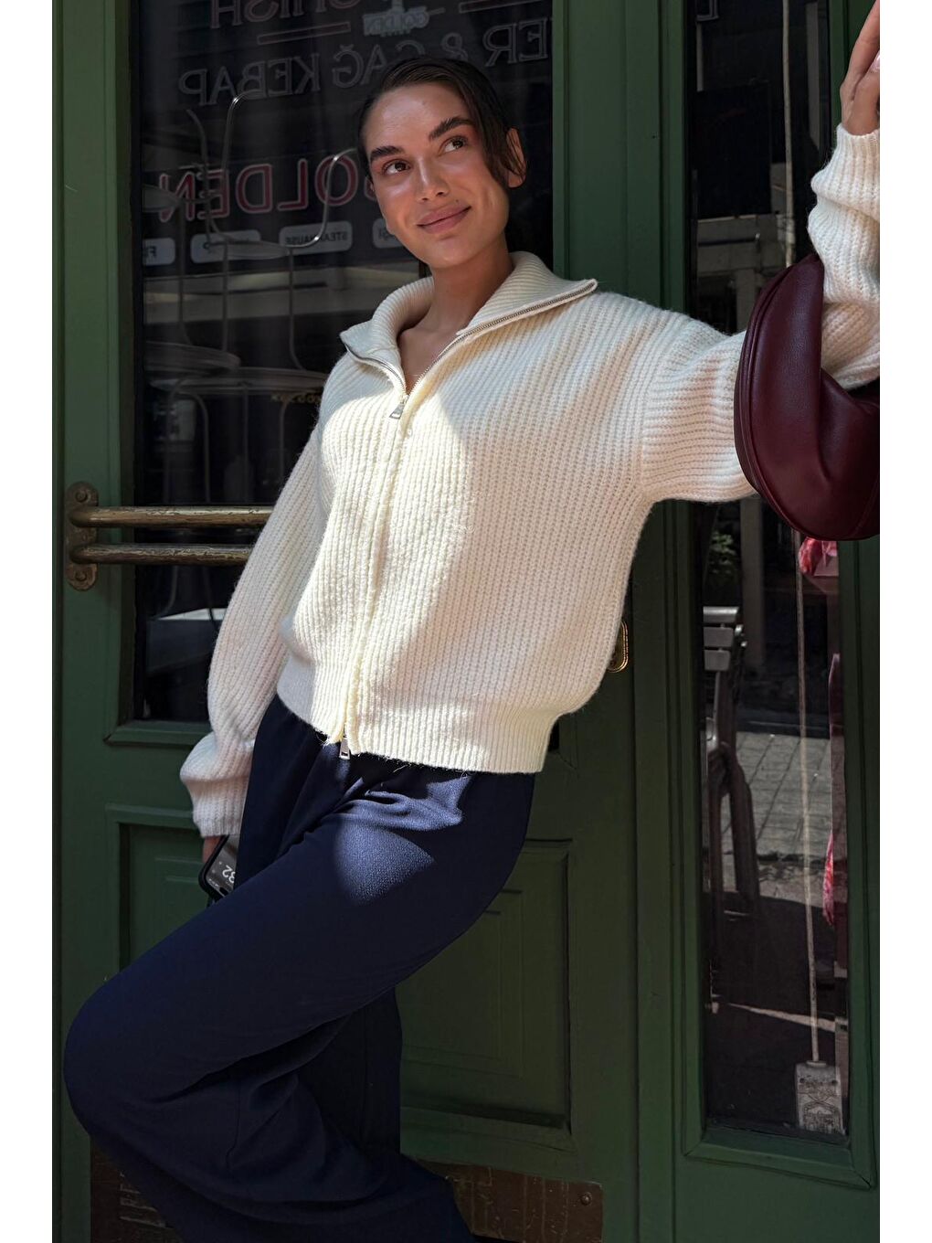 Ekru Fermuarlı Kadın Triko Hırka Mg2532-4