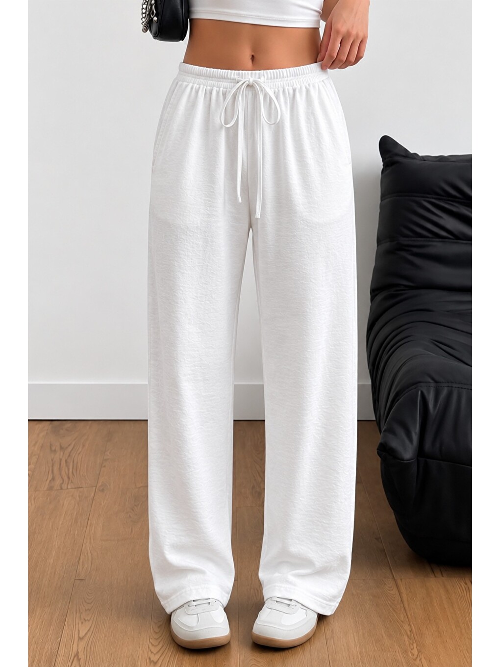 Beyaz Kadın Keten Karışımlı Regular Fit Beli Lastikli Bağcıklı Yüksek Bel Günlük Pantolon