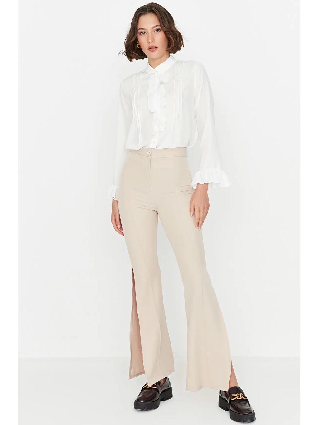 Bej Taş Flare İspanyol Paça Paçası Yırtmaçlı Dokuma Pantolon-4