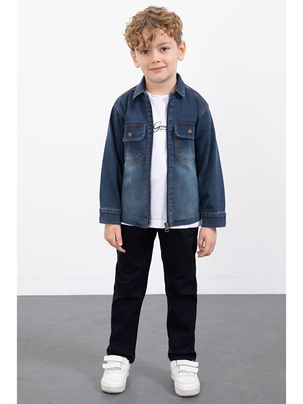Lacivert Fermuarlı Jean Ceketli Erkek Çocuk Pantolonlu 3lü Takım 23388