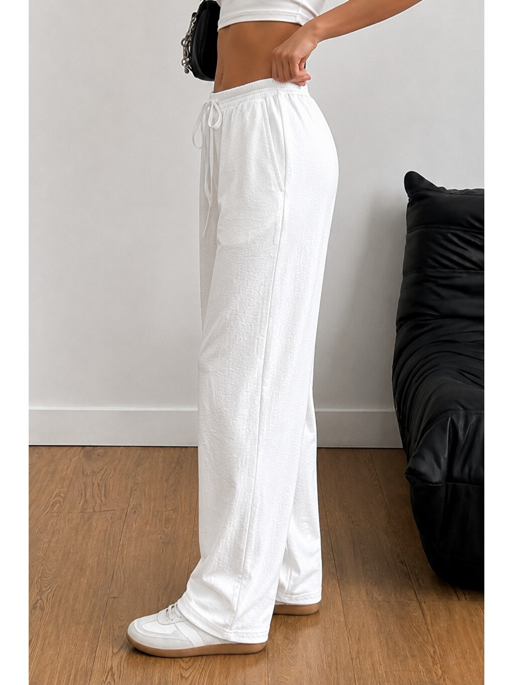 Beyaz Kadın Keten Karışımlı Regular Fit Beli Lastikli Bağcıklı Yüksek Bel Günlük Pantolon-1