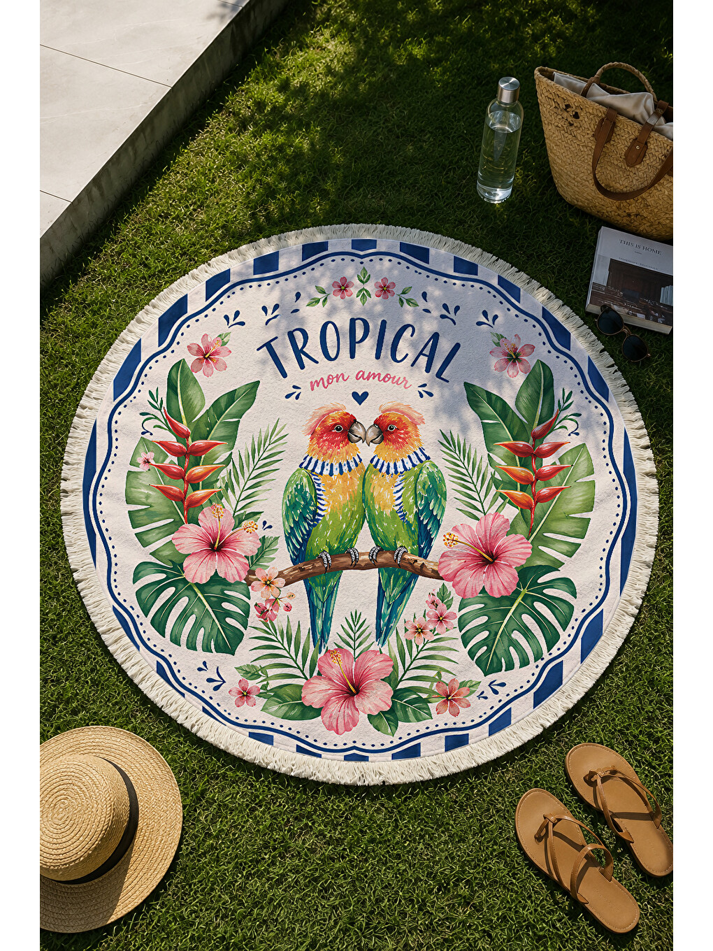 Karışık Yuvarlak Plaj Havlusu 150 Cm Tropical Papağan Desenli Baskılı Plaj Havlusu