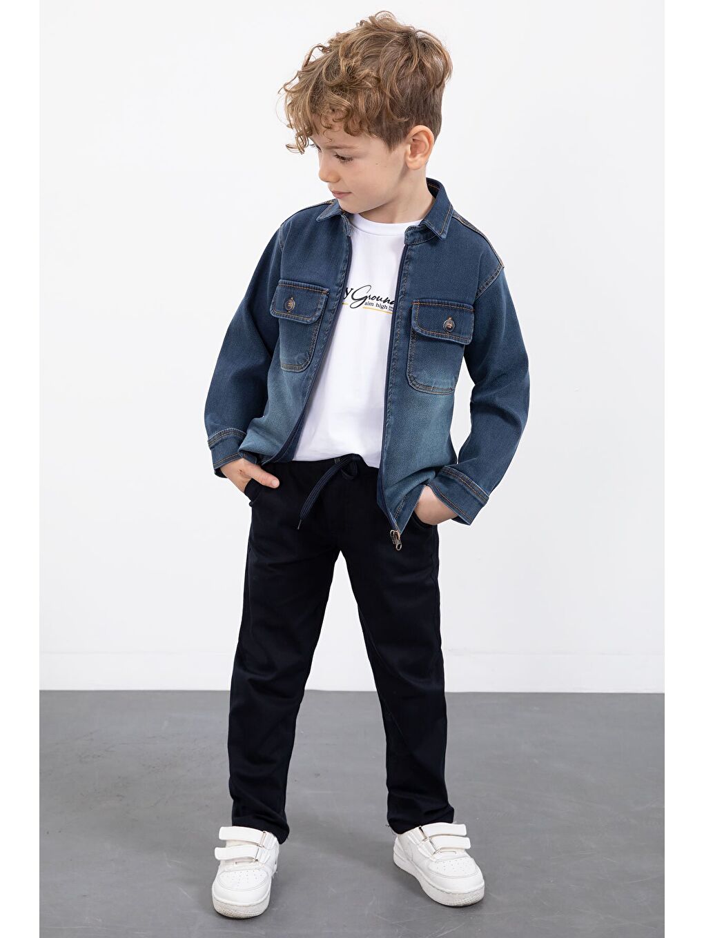 Lacivert Fermuarlı Jean Ceketli Erkek Çocuk Pantolonlu 3lü Takım 23388-2