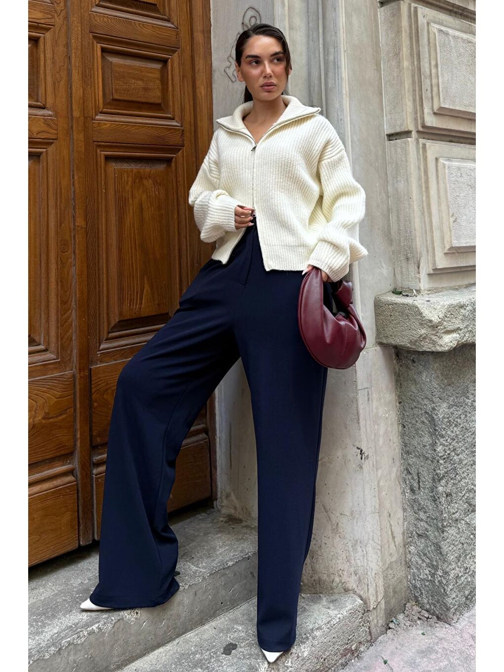 Ekru Fermuarlı Kadın Triko Hırka Mg2532-5