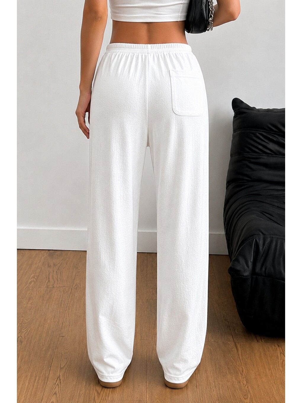 Beyaz Kadın Keten Karışımlı Regular Fit Beli Lastikli Bağcıklı Yüksek Bel Günlük Pantolon-2