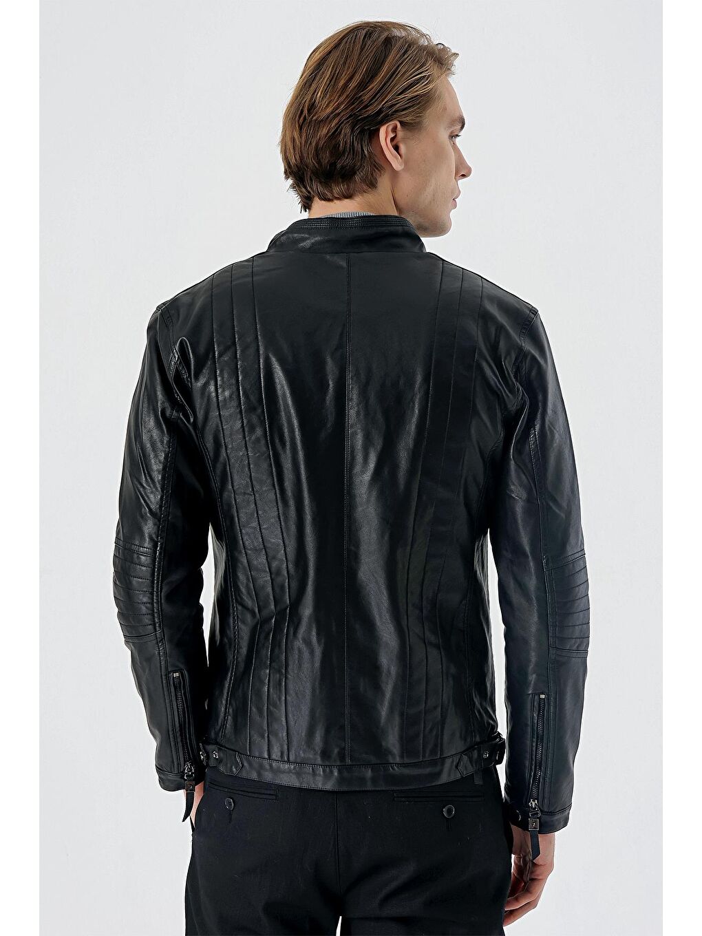 Siyah Dik Yaka Astarlı Slim Fit Dar Kesim Casual Deri Mont 1038235151-5