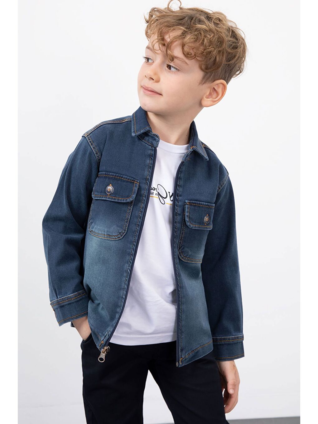 Lacivert Fermuarlı Jean Ceketli Erkek Çocuk Pantolonlu 3lü Takım 23388-3