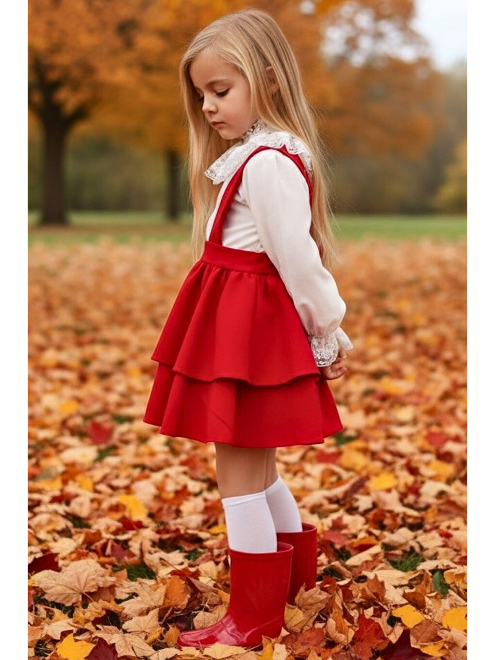 Kız Çocuk Helen Kırmızı Askılı Bağlama Jile 29 Ekim Elbise Ekru Dantel Uzun Kollu Bluz Abiye Takım
