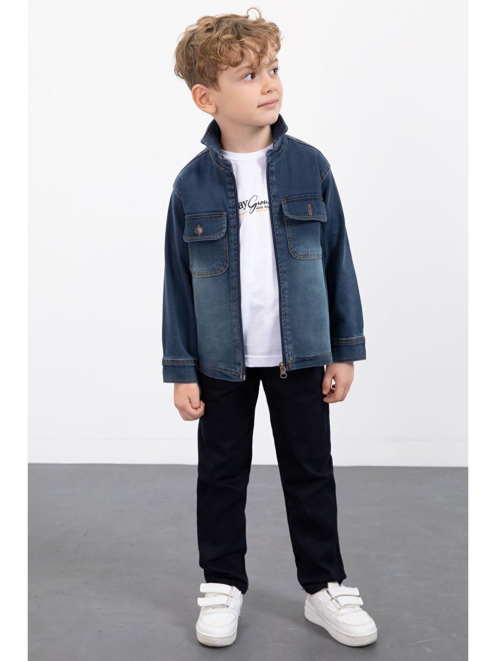 Lacivert Fermuarlı Jean Ceketli Erkek Çocuk Pantolonlu 3lü Takım 23388-4