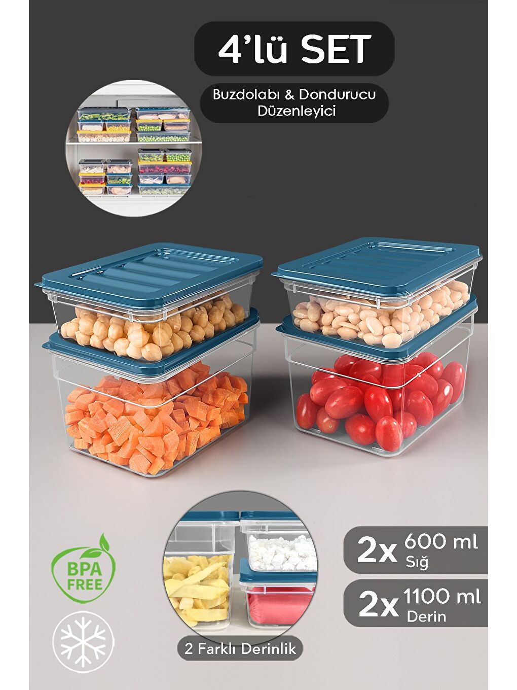 4lü Buzdolabı Organizer Set Düzenleyici Saklama Kabı Derin ve Sığ Mikrodalga Difriz Kabı S Mavi