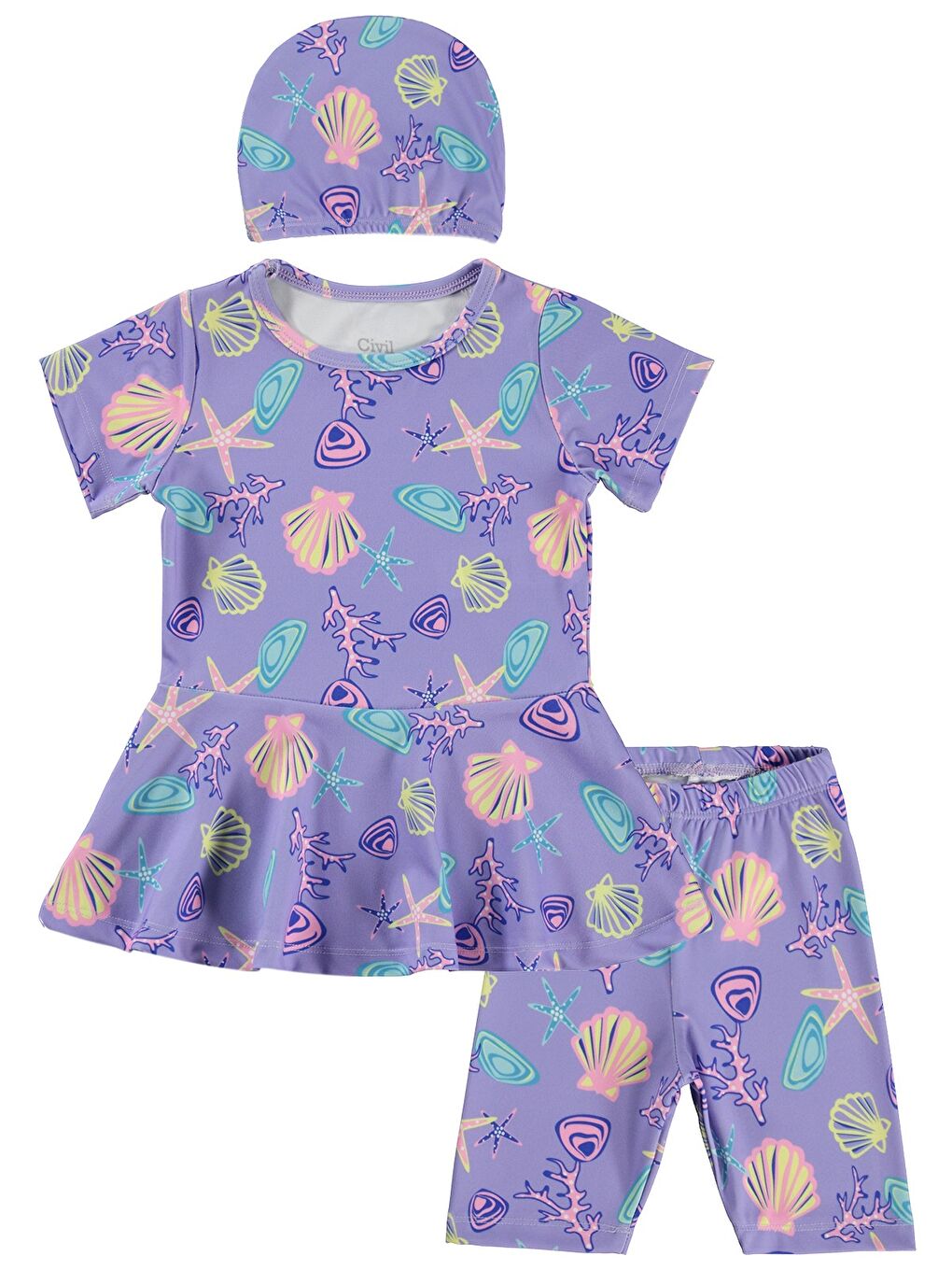 Girls Deniz Kabuğu Baskılı 2-12 Yaş Mayo Set - Lila-1