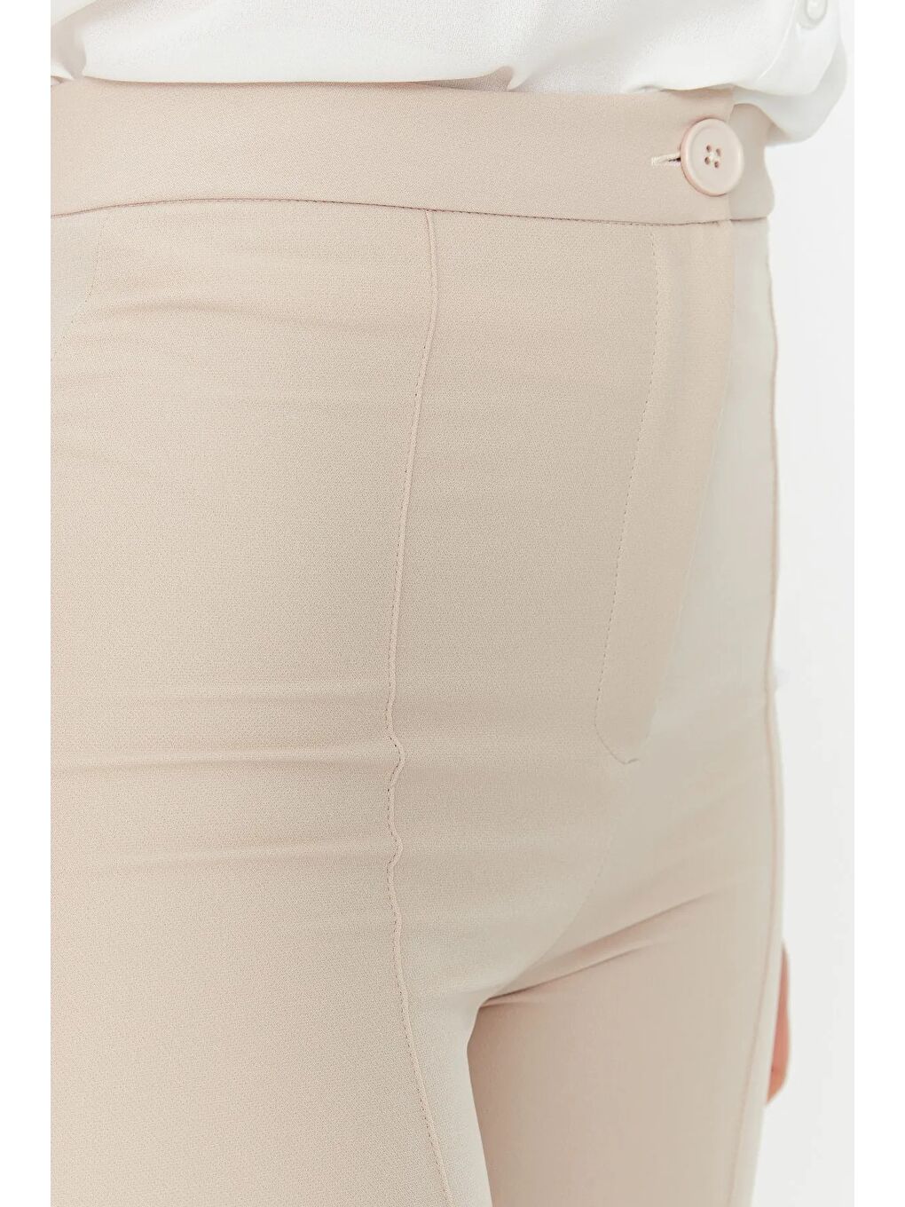 Bej Taş Flare İspanyol Paça Paçası Yırtmaçlı Dokuma Pantolon-5