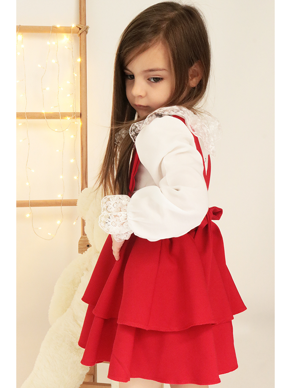 Kız Çocuk Helen Kırmızı Askılı Bağlama Jile 29 Ekim Elbise Ekru Dantel Uzun Kollu Bluz Abiye Takım-1