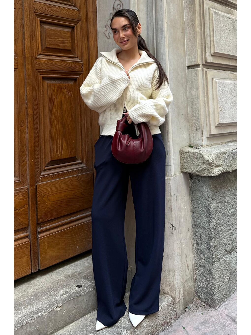 Ekru Fermuarlı Kadın Triko Hırka Mg2532-6