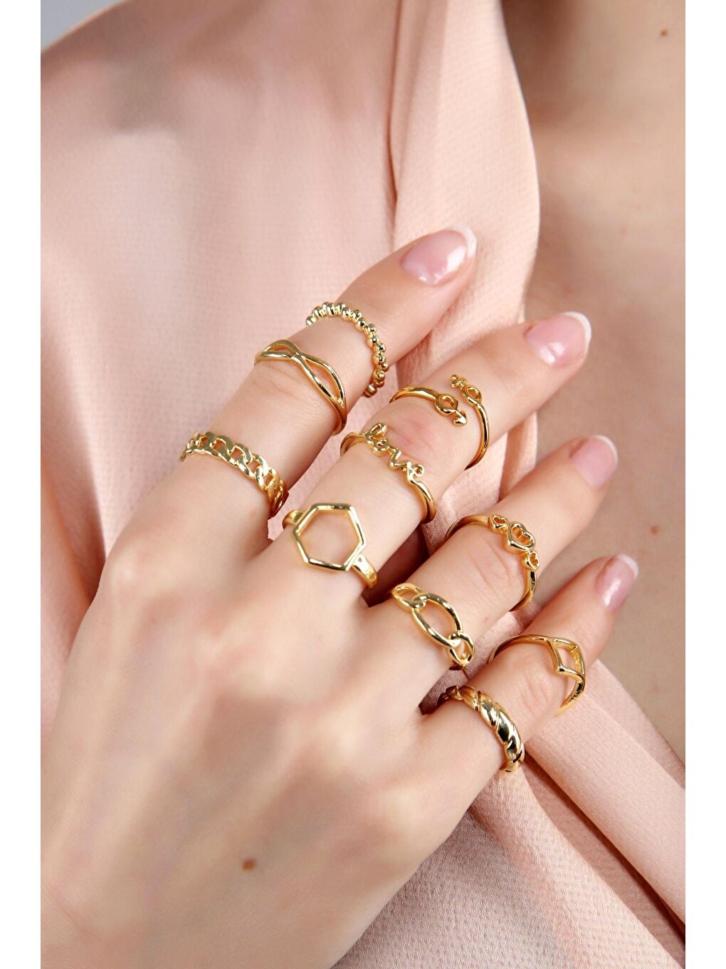 Sarı Kadın Altın Kaplama 10'lu Yüzük Seti-5