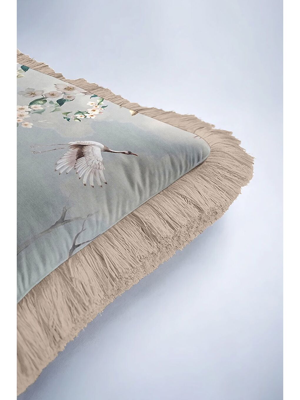 Karışık Elegan Çiçekli Kuşlu Saçaklı Yastık Kılıfı - Pastel Bahar Romantik Vintage Püsküllü Kırlent Kılıfı-6